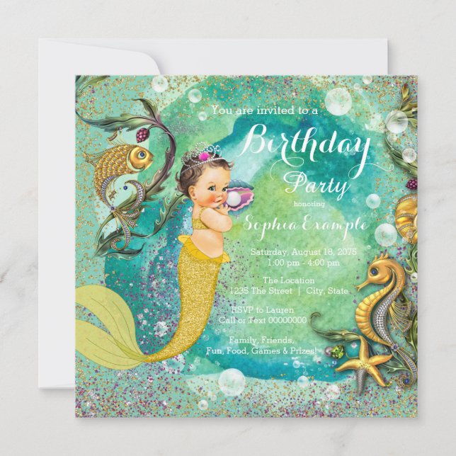 Aqua Gold Little Mermaid Under Sea Birthday Party Invitation (Front)