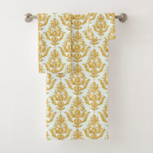Aqua Gold Look Damask Bathroom Towel Set