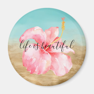Aqua Gold Marble Pink Watercolor Hibiscus Flower Magnet