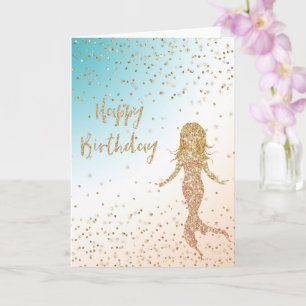 Aqua Gold Mermaid Glitter Confetti Birthday Card