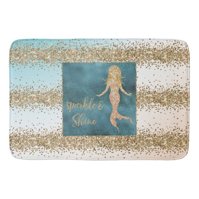 Aqua Gold Mermaid Sparkle Glitter Confetti         Bath Mat (Front)