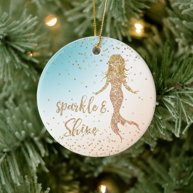 Aqua Gold Mermaid Sparkle Glitter Confetti  Ceramic Ornament (Tree)
