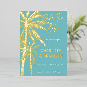Aqua Gold Palm Trees Beach Wedding Save The Date