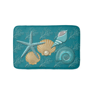 Aqua & Gold Seashells Coral Reef Bath Mat
