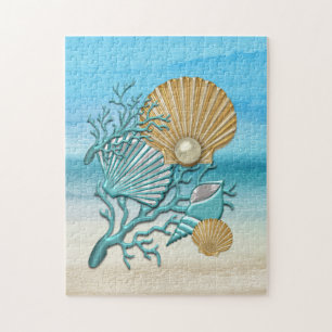 Aqua & Gold Seashells Jigsaw Puzzle
