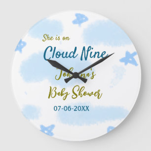 Aqua gold she is on cloud nine baby shower clouds  large clock