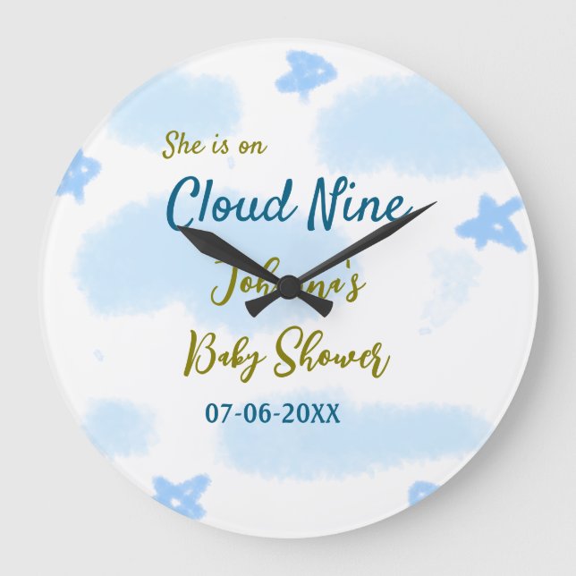Aqua gold she is on cloud nine baby shower clouds  large clock (Front)