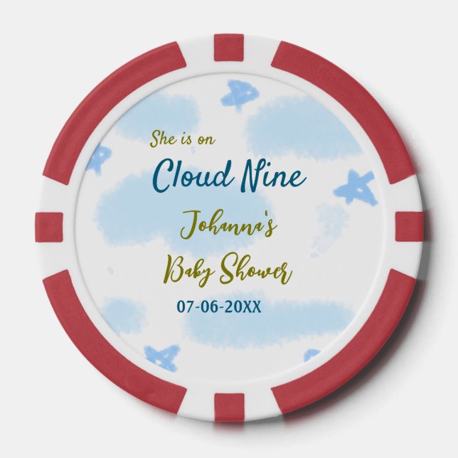 Aqua gold she is on cloud nine baby shower clouds  poker chips (Front)
