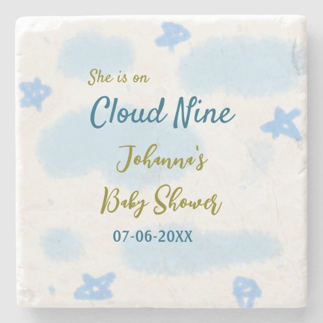 Aqua gold she is on cloud nine baby shower clouds  stone coaster (Front)