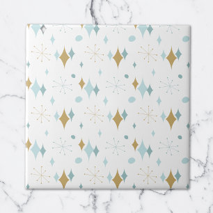 Aqua, Gold Starburst Mid Century Pattern Tile