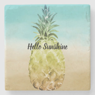 Aqua gold tropical watercolor ombre pineapple stone coaster