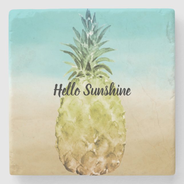 Aqua gold tropical watercolor ombre pineapple stone coaster (Front)
