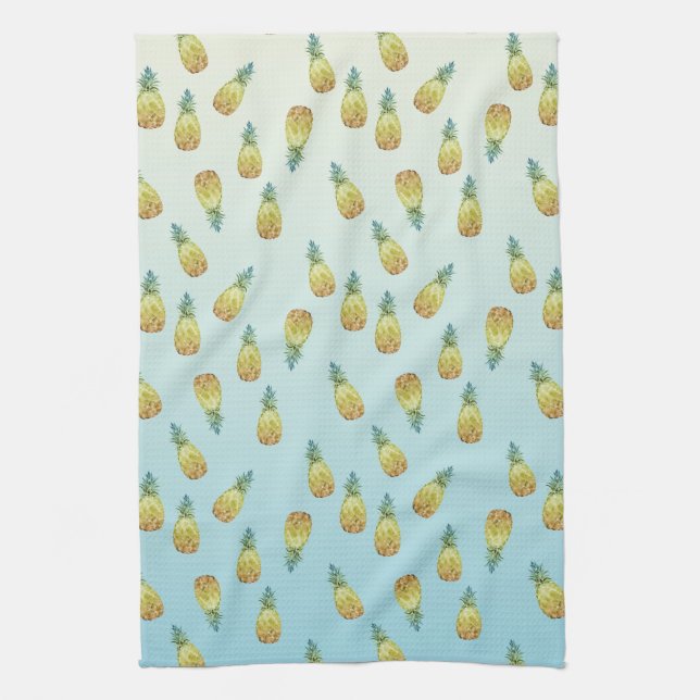 Aqua gold tropical watercolor pineapples kitchen towel (Vertical)
