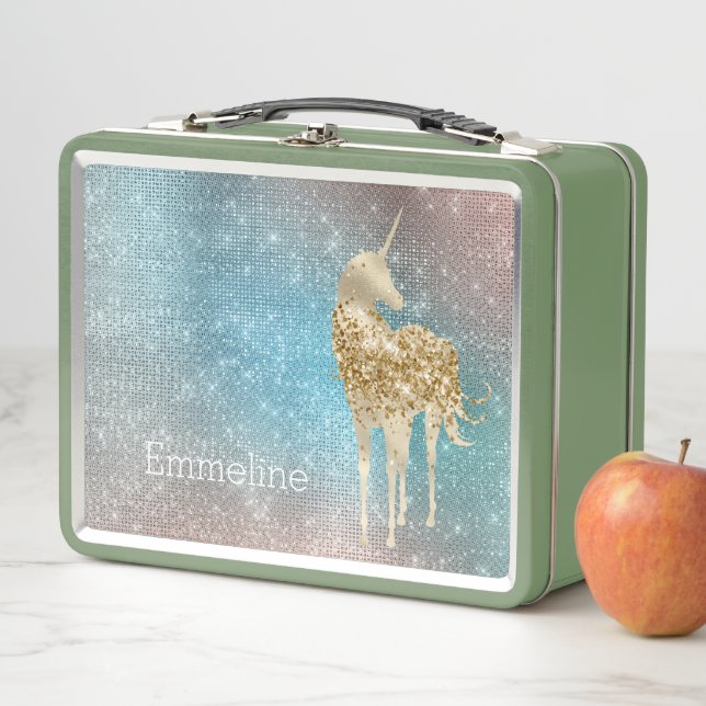 Aqua Gold Unicorn Sparkle   Metal Lunch Box (In Situ)