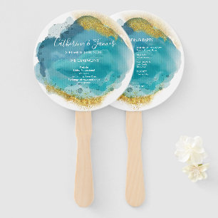 Aqua & Gold Watercolour Wedding Ceremony program Hand Fan