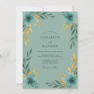 Aqua Golden Leafy Wedding Invitation