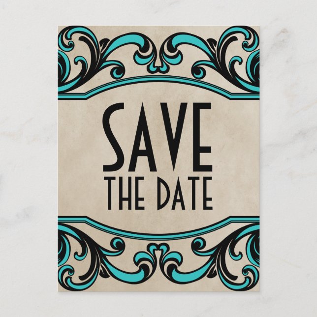 Aqua Gothic Swirls Save the Date Postcard (Front)