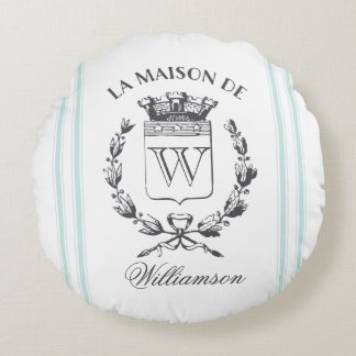 Aqua Grain Sack Custom Family Crest Round Pillow
