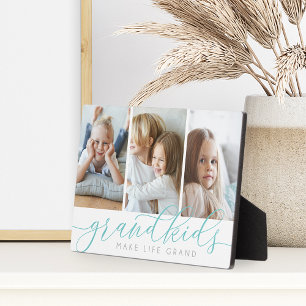 Aqua Grandkids Make Life Grand 3 Photo Collage Plaque