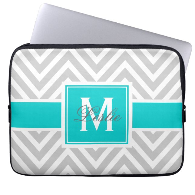 AQUA, GRAY CHEVRON PATTERN PERSONALIZED LAPTOP SLEEVE (Front)
