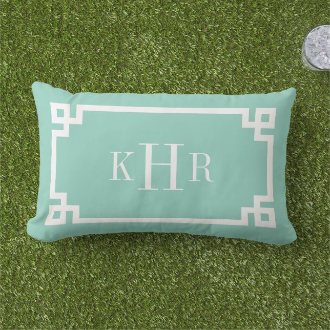 Aqua Greek Key Border Custom Monogram Outdoor Pillow (Grass)
