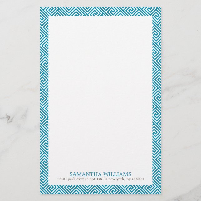 Aqua Greek Key Pattern Stationery (Front)