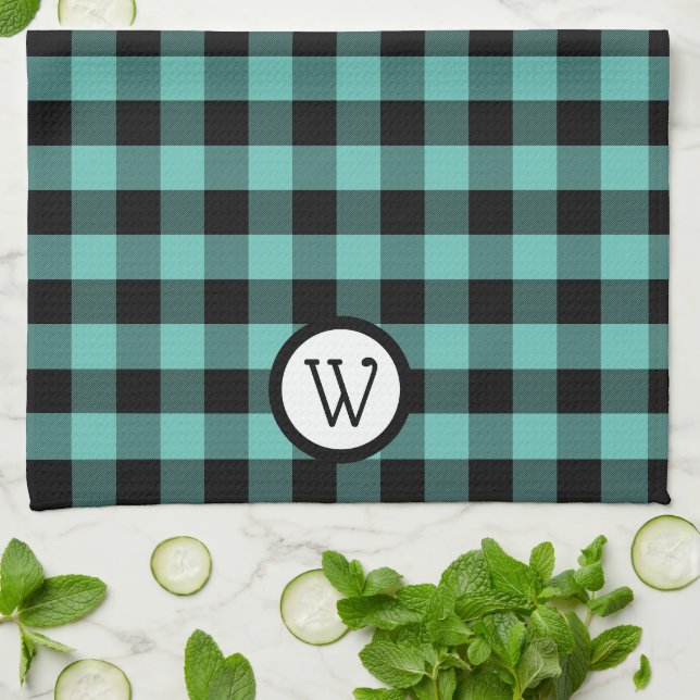 Aqua Green and Black  Buffalo Plaid with Monogram Kitchen Towel (Folded)