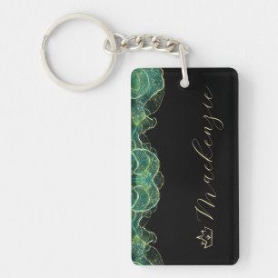 Aqua Green and Gold Elegant Script Personalized Keychain