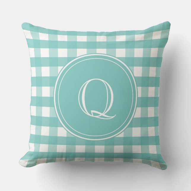 Aqua Green and White Gingham Monogram Throw Pillow (Front)