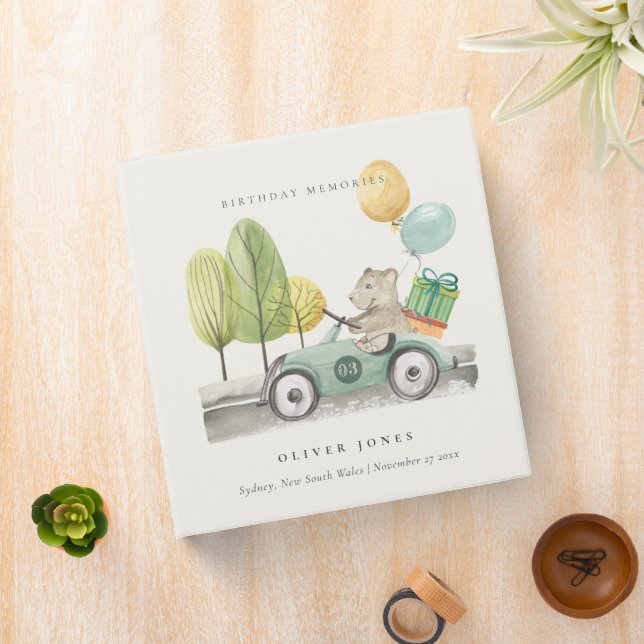Aqua Green Any Age Birthday Party Teddy Car  Binder (In Situ)