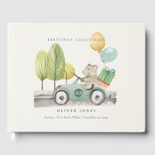 Aqua Green Any Age Birthday Party Teddy Car  Guest Book