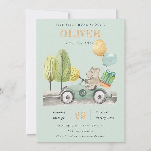 Aqua Green Any Age Birthday Party Teddy Car Invite (Front)