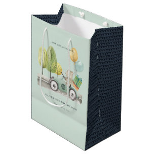Aqua Green Any Age Birthday Party Teddy Car Medium Gift Bag