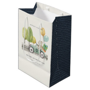 Aqua Green Any Age Birthday Party Teddy Car  Medium Gift Bag