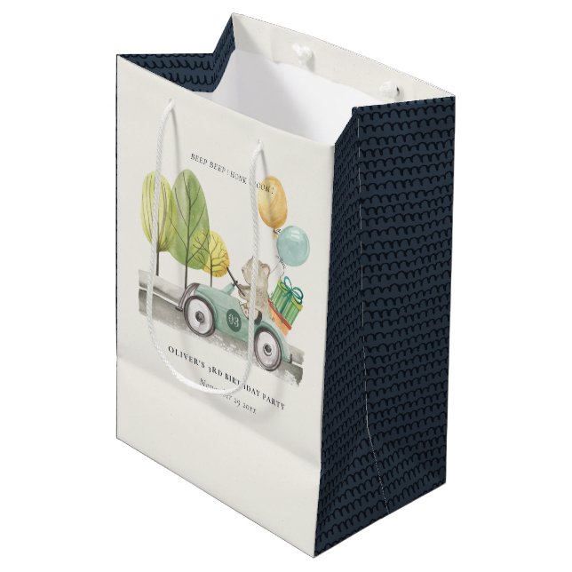 Aqua Green Any Age Birthday Party Teddy Car  Medium Gift Bag (Front Angled)