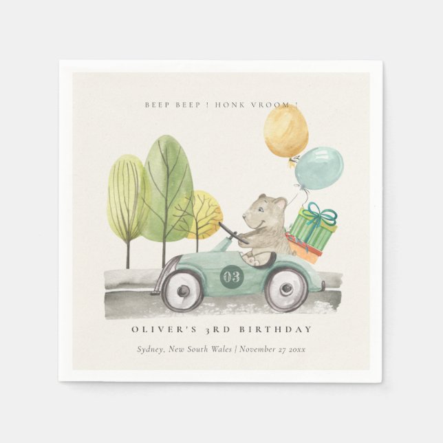 Aqua Green Any Age Birthday Party Teddy Car  Napkin (Front)