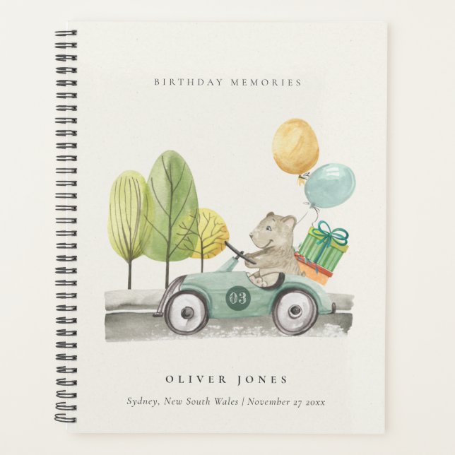 Aqua Green Any Age Birthday Party Teddy Car Planner (Front)