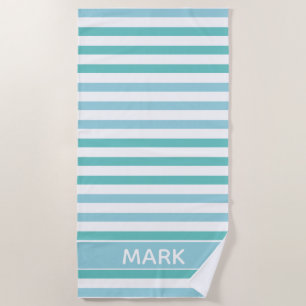 Aqua Green Blue And White Striped Personalized Beach Towel