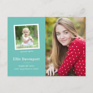 Aqua Green-Blue Classic Two Photo Graduation Postcard