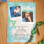 Aqua, Green, Glitter Stars Bat Mitzvah Invitations<br><div class="desc">Scrapbook style Bat Mitzvah invitation with turquoise, aqua, and green glitter artwork. Cute square photos with star of David artwork on crumpled paper is a beautiful vintage look for your birthday celebration. Photo captions can be changed to any beautiful wording you choose. Easily upload your photos into the photo frames....</div>