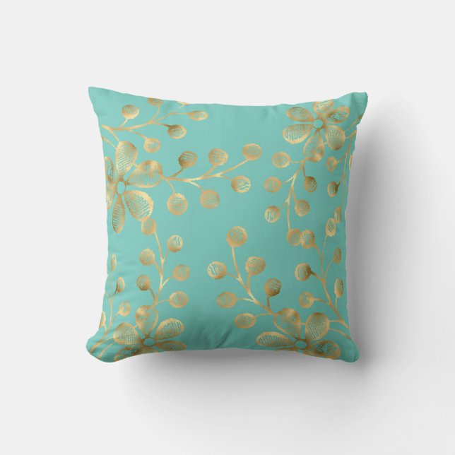 AQUA GREEN & GOLD BOTANICAL DOUBLE SIDED Cushion (Front)