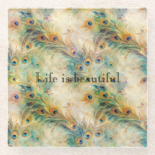 Aqua Green Gold Peacock Feathers Glass Coaster