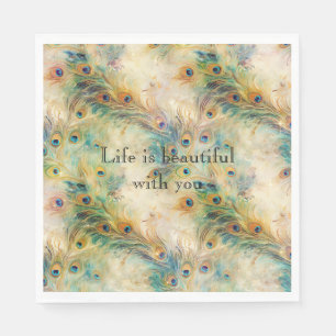 Aqua Green Gold Peacock Feathers Napkin
