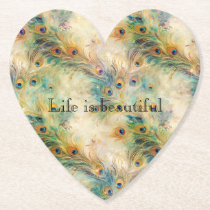 Aqua Green Gold Peacock Feathers Paper Coaster