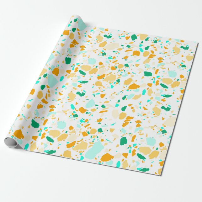 Aqua, green, gold terrazzo handmade wrapping paper (Unrolled)