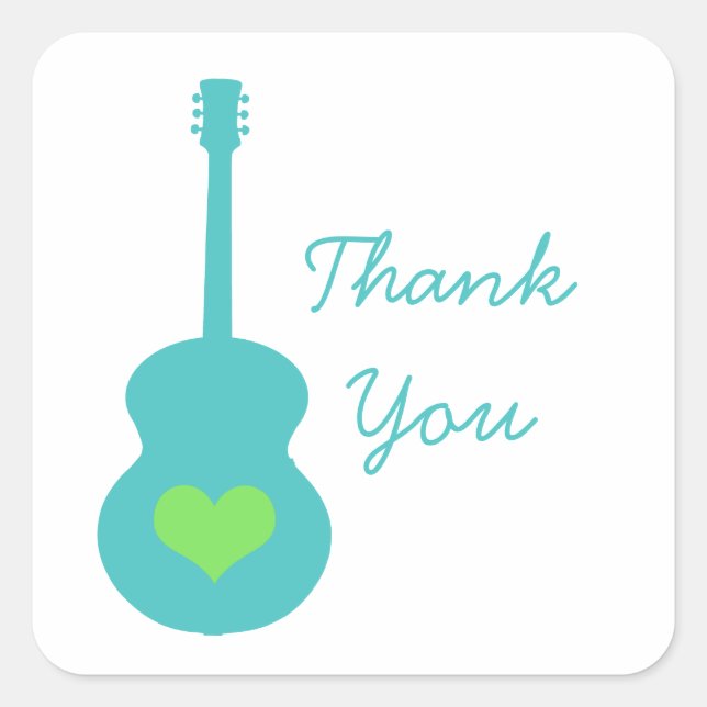Aqua/Green Guitar Heart Thank You Stickers (Front)