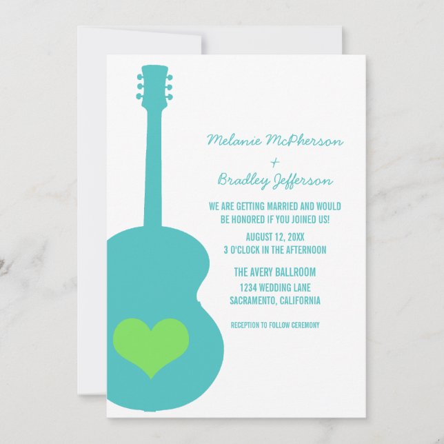 Aqua/Green Guitar Heart Wedding Invite (Front)