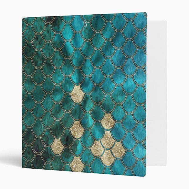Aqua green Mermaidscales with gold glitter Binder (Front/Inside)