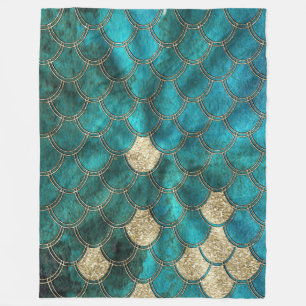 Aqua green Mermaidscales with gold glitter Fleece Blanket