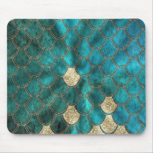 Aqua green Mermaidscales with gold glitter Mouse Pad